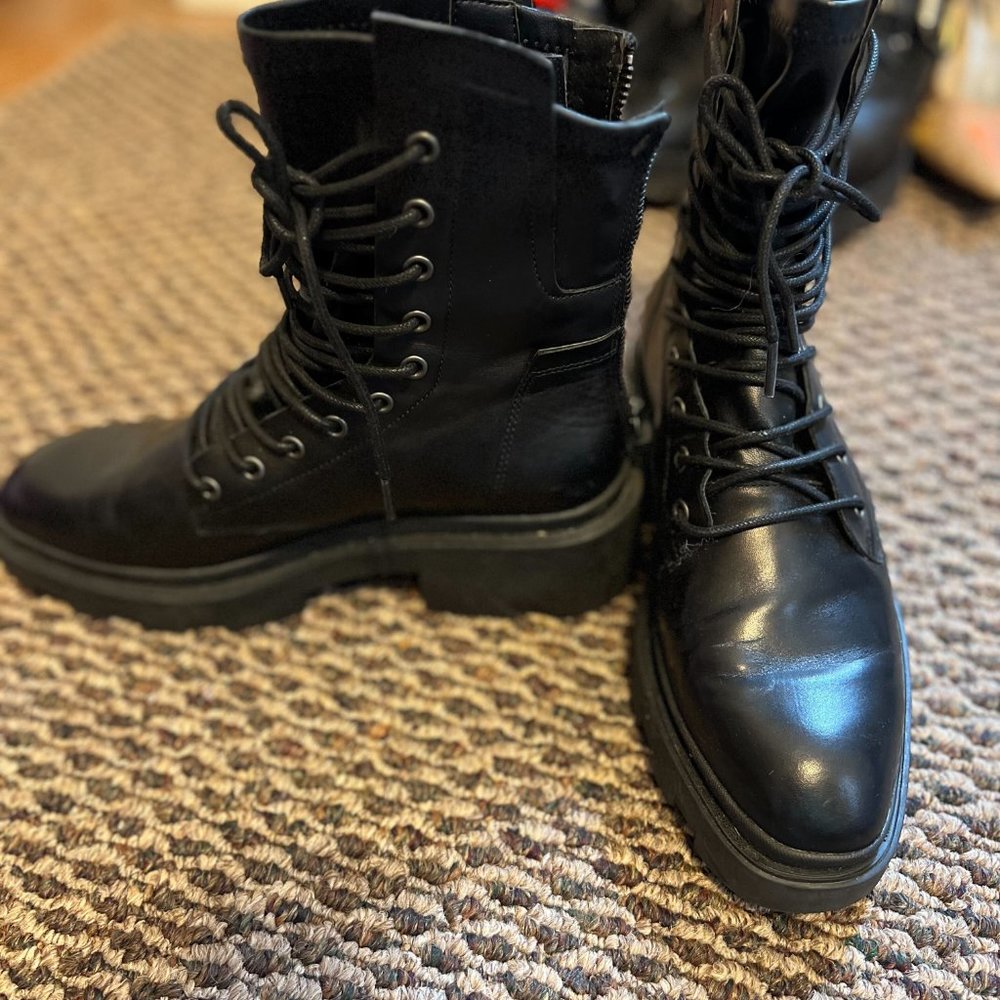 Ash Black Combat Moto Boots with Back Zipper - Picture 3 of 5